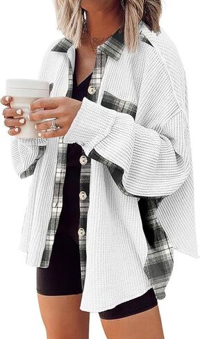 Bozanly Womens Waffle Knit Plaid Patchwork Shirts Lounge Loose Button Down Shacket Jacket Tops in Kuwait