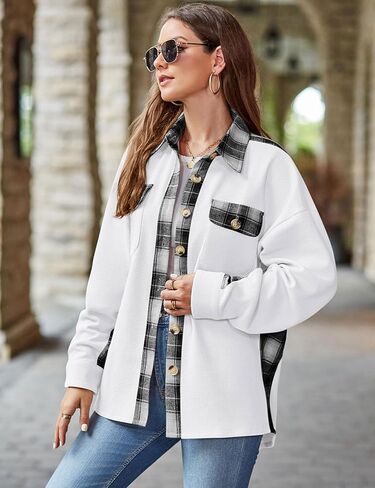 Bozanly Womens Waffle Knit Plaid Patchwork Shirts Lounge Loose Button Down Shacket Jacket Tops in Kuwait