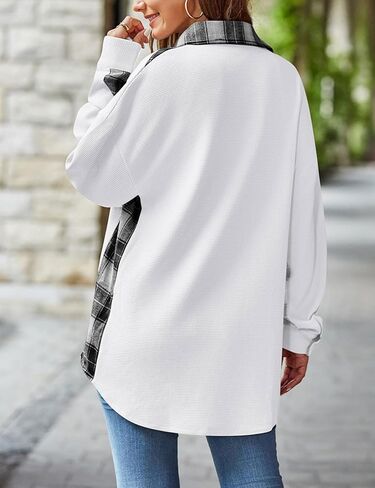 Bozanly Womens Waffle Knit Plaid Patchwork Shirts Lounge Loose Button Down Shacket Jacket Tops in Kuwait