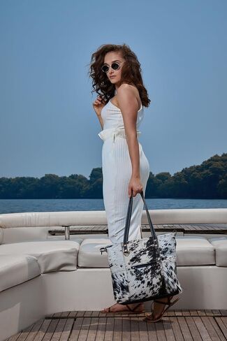 Myra Bag Black & White Shade Cowhide & Leather Tote Bag S-1167, Brown, One Size in Saudi Arabia