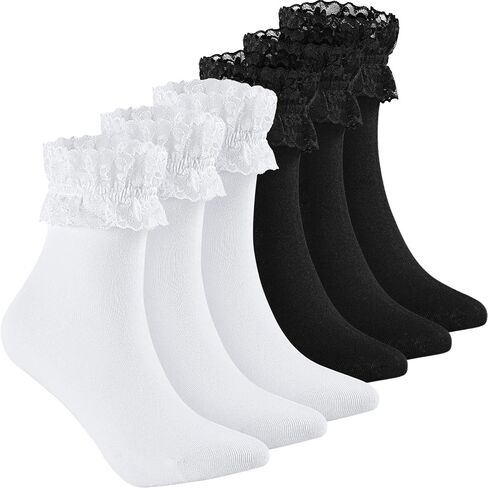 SATINIOR 6 Pairs Ruffle Ankle Socks Lace Frilly Socks Fashion Women Girls Princess Socks in Saudi Arabia