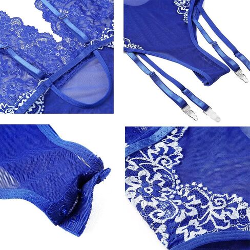 ملابس داخلية نسائية من Giorzio من الدانتيل مثيرة بفتحة عميقة على شكل حرف V من قطعة واحدة ملابس داخلية تيدي باللون الأزرق، مقاس L in Kuwait