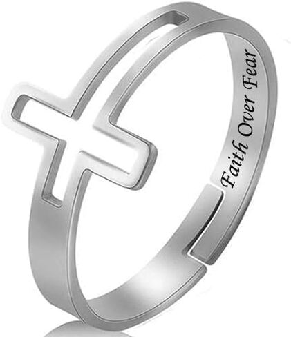 Sideways Cross Ring Religious Faith Over Fear inside Remind Pray to God Jesus | Adjustable Stainless Steel Religious Cross Ring | Jewelry box included in Saudi Arabia
