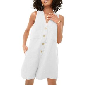 Tongmingyun Womens Summer Sleeveless Rompers Casual V Neck Button Down Short Jumpsuits with Pockets