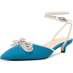 NobleOnly Rhinestone Bow Heels for Women Closed Pointed Toe Low Kitten Heel Pumps Adjustable Ankle Strap Wedding Bridal Dress Shoes 1.4 Inches Heels