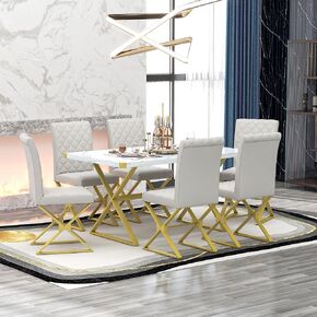 أثاث لتناول الطعام في المطبخ، طاولة رخامية مكونة من 7 قطع و6 كراسي منجدة من جلد البولي يوريثان، وأرجل فولاذية على شكل X ومساند ظهر مريحة، مجموعة تناول طعام حديثة تتسع لـ 6-8 أشخاص، باللون الأبيض in Kuwait