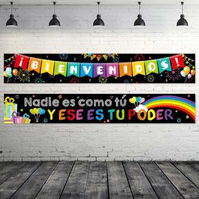 Blulu 2 Pieces Bienvenidos Sign Spanish Welcome Banner Spanish Inspirational Poster Motivational Banner with 40 Adhesive Dot for Spanish Classroom School Wall Outdoor Decor(Black Background)
