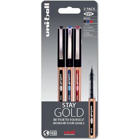 uni-ball On Point ‘Stay Gold’ Eye Broad Rollerball Handwriting Pens 3 Pack in Black, Blue and Red Ink
