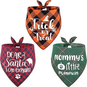3 Pack Thanksgivng Dog Bandana, Fall Classic Plaid Halloween Christmas Xmas Autumn Triangle Bandanas Scarf Bibs Kerchief Gift Set - Pet Holiday Accessories Decoration for Small to Large Dogs Cats Pets