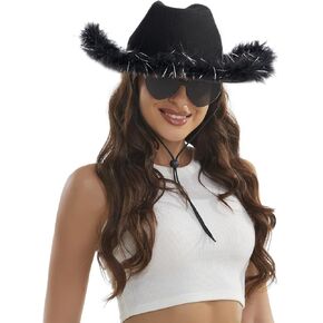 CAIKQ Cowgirl Hat with Feathers with Heart Sunglasses - Cowboy Hats for Women Birthday Bachelorette Party Theme Costumes