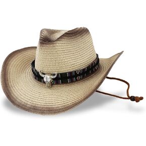 Straw Cowboy Hat Wide Brim Sun Hat Panama Hat with Adjustable String Cow Western Straw Cowgirl Hats for Men Women
