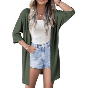 SHEWIN Women's Cardigans Casual 3/4 Short Sleeve Open Front Waffle Knit Lightweight Kimonos Cardigan Sweaters for Women