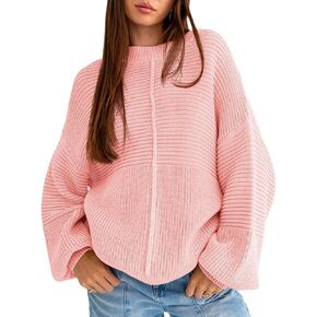 Langwyqu Womens Oversized Sweaters Crew Neck Long Lantern Sleeve Loose Ribbed Knit Slouchy Fall Pullover Tops