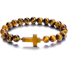 Top Plaza Natural Tiger Eye Stone Crystal Bracelet Handmade Cross Bracelets for Men 8mm Healing Crystal Gemstone Stretch Beaded Bracelet Protection Stress Relief Gifts