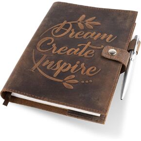 moonster Leather Journal Refillable Notebook, Writing Journals for Women, Inspirational Journal Leather Notebook Cover with Pen, Leather Bound Journal Lined Paper A5 Diary, Vintage Travel Journal