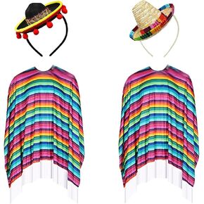 4 قطع من قماش سينكو دي مايو المكسيكي سيراب بونشو فييستا وعصابات رأس سمبريرو المكسيكية زي سينكو دي مايو زي سينكو دي مايو زي فييستا بونشو in Kuwait