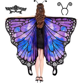 Tibeha Halloween Butterfly Costume for Women - Adult Wings Cape Shawl with Lace Mask and Antenna Headband