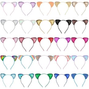 25 Pcs Cat Ears Headband Sequin Cat Ear Hairbands Bulk,Glitter Cat Ear Headband Adult Shiny Kitty Hair Hoops Cute Ear Hair Accessories for Birthday Decor, 25 Colors
