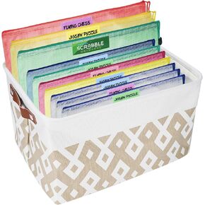 Toy Storage Organizer, Board Game Storage Kit Include 1Basket+10Pack Clear Large Mesh Zipper Pouch Bags, Writable Sticker and Dispensing, for Puzzle, Uno Splash, Organizing Classroom Organization