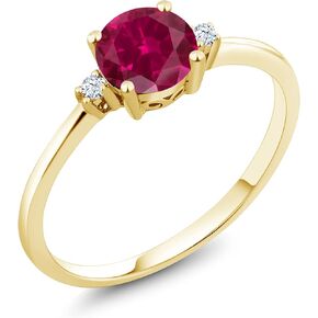 Gem Stone King 10K Yellow Gold Red Created Ruby and White Created Sapphire Solitaire Engagement Ring For Women (1.03 Cttw, Round 6MM, Gemstone July Birthstone, Available in Size 5,6,7,8,9)