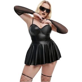 WDIRARA Women's Plus Size PU Leather Ruffle Hem Cut Out Babydoll Lingerie Dress with Oversleeves in Saudi Arabia