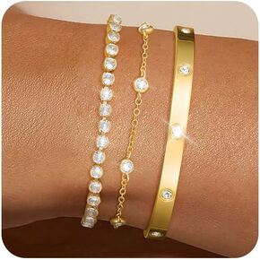 Gold Silver Bracelets for Women Trendy Non Tarnish Dainty 14k Gold Plated Bangle Adjustable Cuff Bracelet Stack Stackable Friendship Bracelets Set Tennis Chain Waterproof Jewelry Gifts