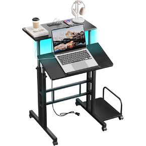 Dripex Mobile Standing Desk with Power Outlets & Strip Lights Rolling Computer Desk Adjustable Height Laptop Desk with Wheels, Portable Sit-Stand Desk Home Office Workstation, Rustic Brown