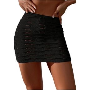 MakeMeChic Women's Solid Hollow Out Crochet Cover Up Skirt Rib Knit Beach Bottoms