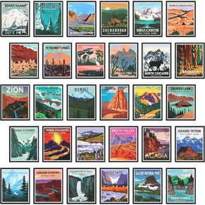 Teling 30 Pieces Vintage National Park Art Prints Nature Art and Mountain Print Posters Set for Home Living Room Bedroom Bathroom Decor(Bright Color,Scenery)