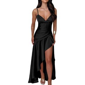 Memoriesea Women's Sexy Satin V Neck High Slit Ruffle Hem Party Evening Maxi Dress