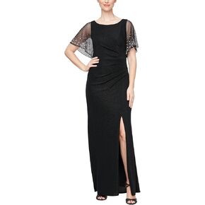 Alex Evenings Women's Long Metallic Ruched Flutter Sleeve Gown with Side Slit, Mother of The Bride, Formal Dress