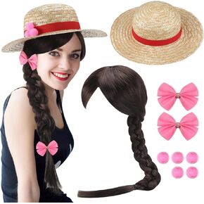 6 Pcs Halloween Women Costume Anime Cosplay Accessories Braid Wig Straw Hat Bow Hair Clip Role Play Party Drama Performance
