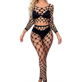 Women's Fishnet Bodystocking Lingerie Long Sleeve Mesh Top and Tights Set Sexy Club Outfits One Size