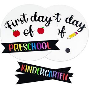 First and Last Day of School Board, First Day of Preschool Sign, First Day of School Board Simple Kindergarten Sign 10" Double-Sided Round with Blank Shiplap, Reusable Chalkboard Present for Kids