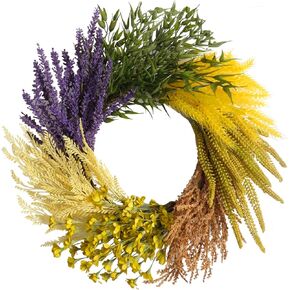 20 Inch Fall Harvest and Thanksgiving Day Front Door Flower Wheat Wreath for Home Decor, Autumn Orange Color Wild Flower Wreath with Lavender for Indoor and Outdoor