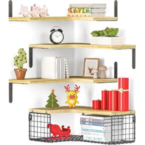 4+1 أرفف زاوية عائمة مع سلة تخزين سلكية، أرفف حائط زاوية من الخشب الريفي للحمام، المطبخ، غرفة النوم، غرفة المعيشة، المكتب، رف الزاوية مثبت على الحائط باللون البني الريفي in Kuwait