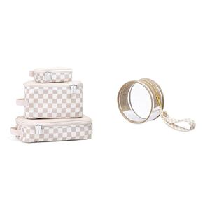 Itzy Ritzy Packing Cubes Set of 3 + Clear Pacifier Case with Handle, Taupe - Travel Organizers for Diaper/Suitcase