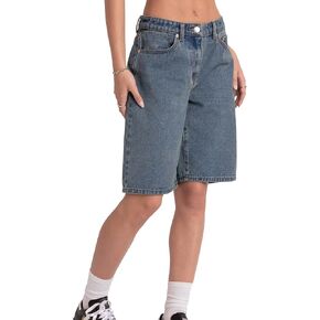 Women's Summer Mid Rise Long Jean Shorts Bermuda Straight Leg Denim Jorts