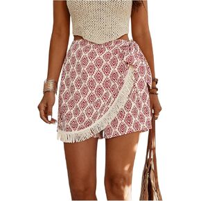 Milumia Women's Patterned Fringe High Waisted Wrap Skorts Printed Tie Side Boho Shorts