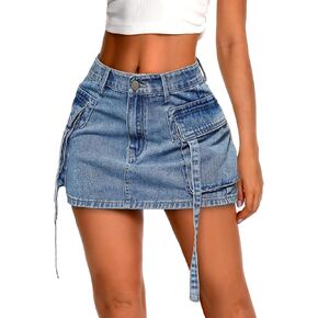 ELLEVEN High Stretch Denim Cargo Skirt for Women, Low Waist Y2k Mini Jean Skirt Cute Skirt with Pockets