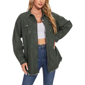 MISS MOLY Denim Jacket for Women Trendy Oversized Long Sleeve Frayed Hem Boyfriend Jean Shacket Coat