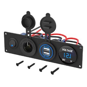 4 in 1 12V USB Panel with LED Voltmete & Dual USB Charger Socket Power & Cigarette Lighter Socket & Red LED Lighted Toogle Switch Panel for Boat Car RV Golf Cart ATV