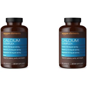 Amazon Elements Calcium Complex with Vitamin D, 250 mg Calcium (3 per Serving), Vegan, 195 Capsules (Packaging may vary), Supports Strong Bones and Immune Health (Pack of 2)