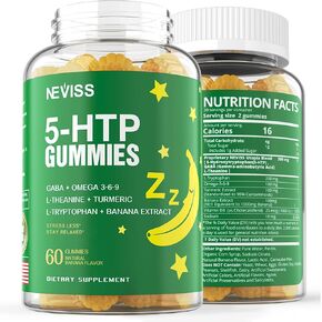 1Pack 5-HTP GABA Sleep Supplement Gummies - Melatonin Free Extra Strength 900mg Complex for Health Rest Cycle, Banana Extract, L-Theanine, L-Tryptophan, Omega-3-6-9 for Natural Zzz, Brain Relax, Vegan