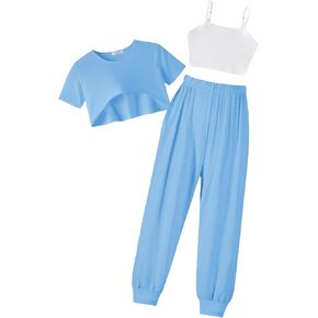 Arshiner Girls 3 Piece Set Short Sleeve High Low Hem Overlay Top & Cami with Sweatpants Kids Outfit 6-13 Years