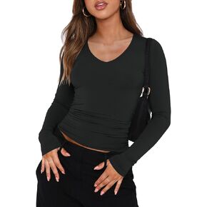 Womens Long Sleeve Shirts V Neck Casual Tops 2024 Fall Fashion Slim Fitted Tops Basic Tee Y2k Outfits