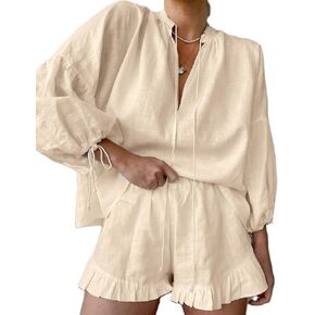 Women Linen Set Puff Long Sleeve V Neck Front Tie Shirt & Ruffle Boxer Shorts Set 2 Piece Lounge Sets Y2K Tracksuit