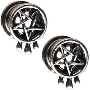 Pierced Owl - Antiqued Steel Pentagram with Teardrop Design Screw Fit Plugs, Sold as a Pair