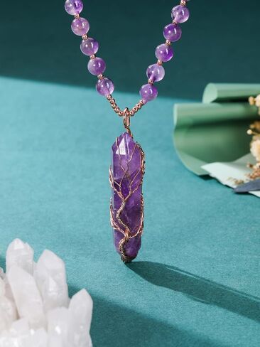 CrystalTears Healing Crystal Necklace for Women Tree Life Wire Wrapped Quartz Crystal Point Stone Pendant Necklace Gemstone Beaded Necklace Jewelry Crystal Gifts for Women Mom in Saudi Arabia