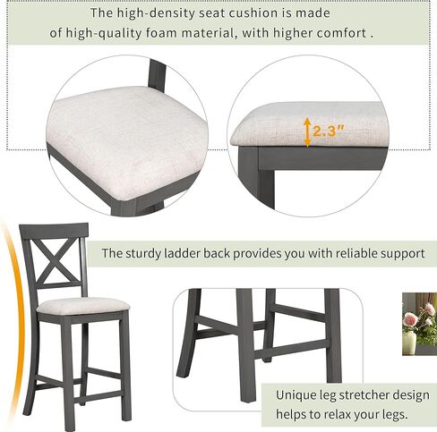 أثاث مطبخ أنيق للعشاء، طاولة طعام بارتفاع منضدة مكونة من 6 قطع و4 كراسي ومقاعد منجدة، رف كامل الطول، مجموعة تناول طعام مستطيلة الشكل تتسع لـ 6-8 أشخاص، رمادي in Kuwait